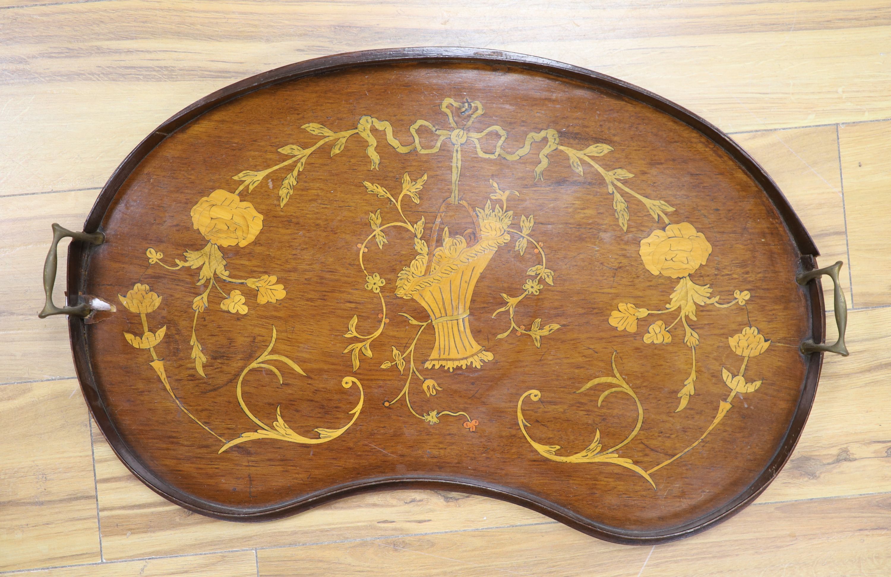 An Edwardian mahogany and marquetry inlaid two handled tea tray